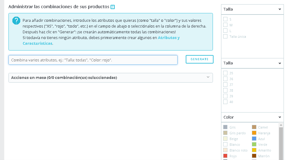 Bloque combinaciones en la ficha de producto de Prestashop