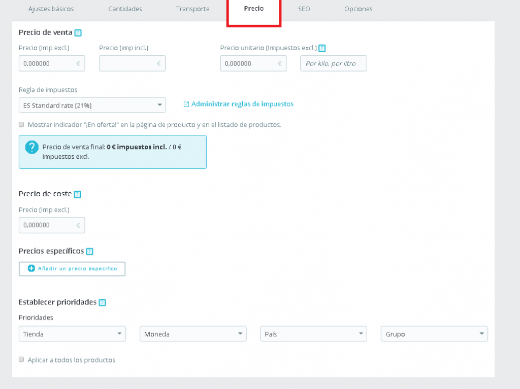 Bloque de precios en la ficha de producto Prestashop
