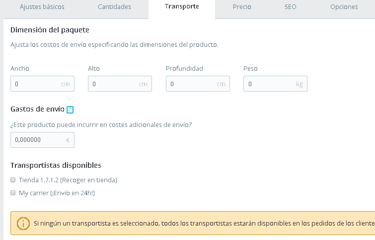 Bloque transportistas ficha de producto Prestashop